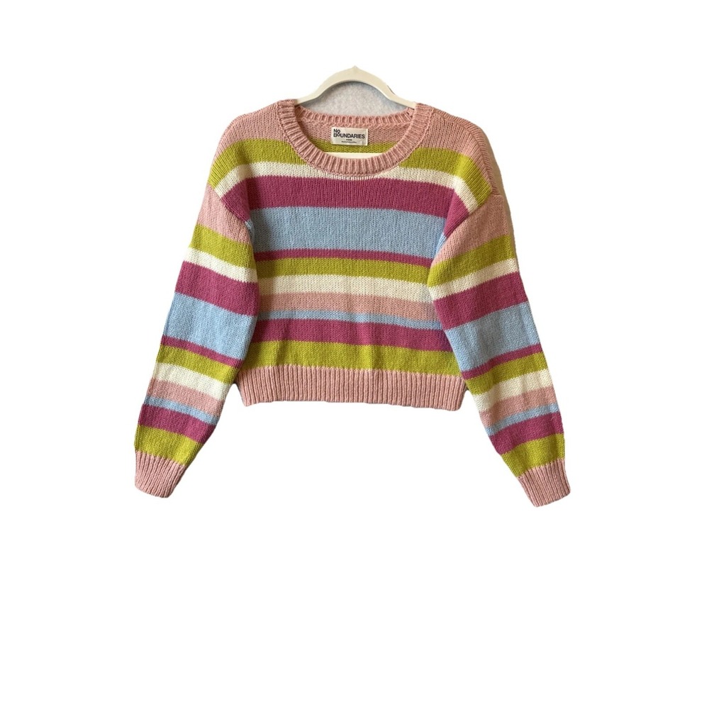Y2K 90s Powder Pink Stripe‎ Crewneck Crop Knit Sweater Women's M Grunge Dopamine